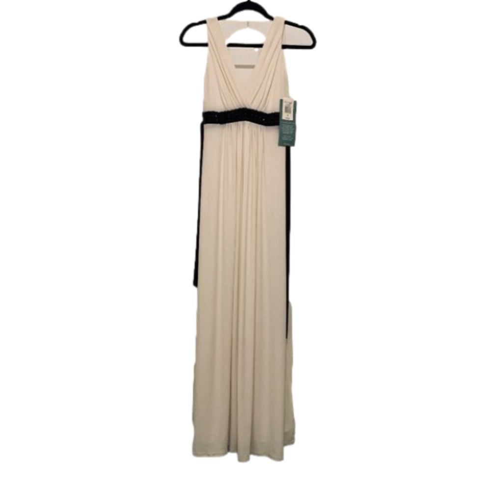 Long Dress, sleevless , Ivory & Black w/ Beaded waist, back waist tie V-neck